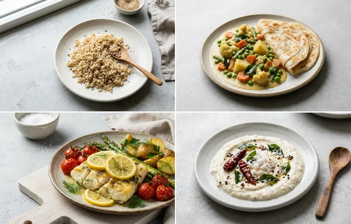 Cooked Steamed White Rice Half Cup with Veg Kurma, Baked Cod With Lemon, Curd Rice Snack Bowl and Coconut Chutney No-Salt