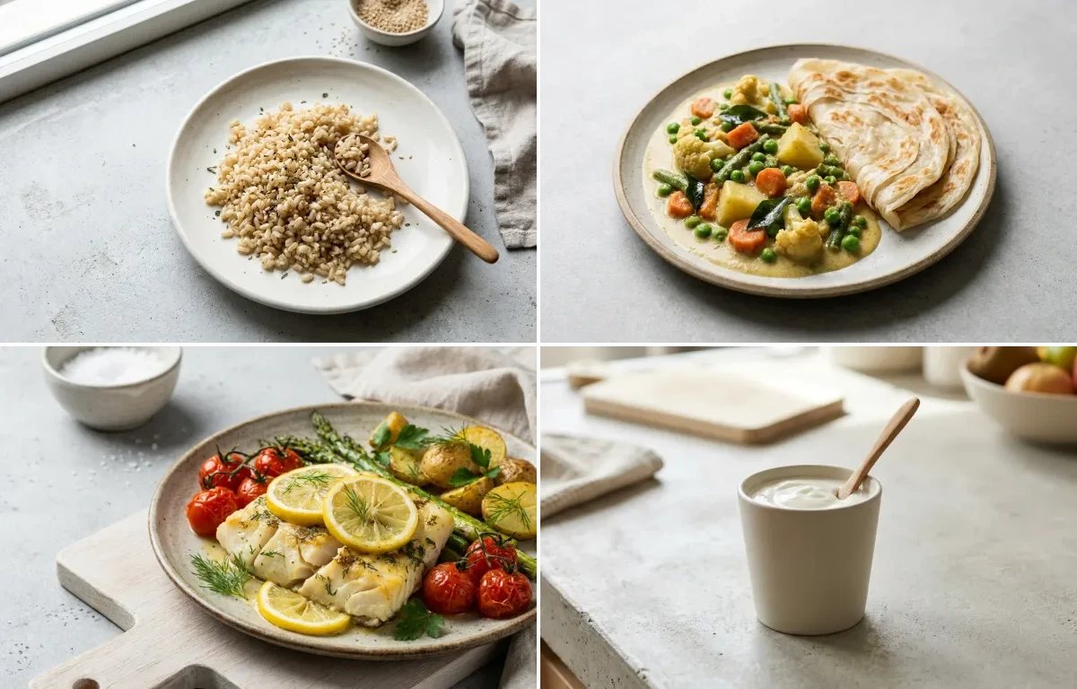 Cooked Brown Rice Half Cup with Veg Kurma, Baked Cod With Lemon, Plain Yogurt Cup and Coriander Coconut Chutney