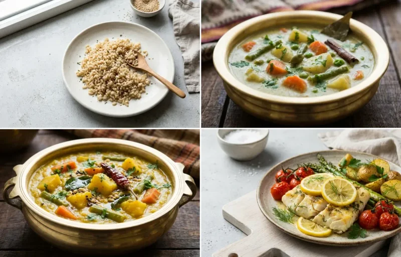 Cooked Steamed White Rice Half Cup with Vegetable Kurma, Vegetable Kootu, Baked Cod With Lemon and Plain Yogurt Cup