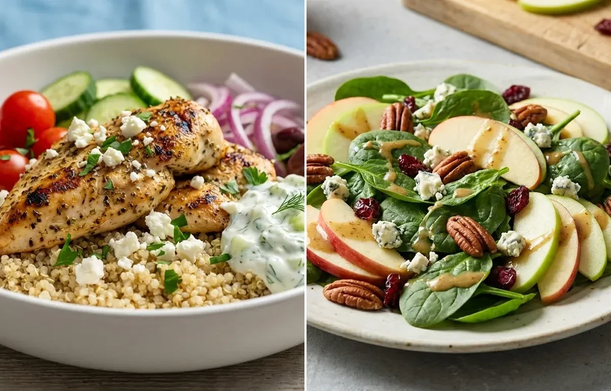 Cooked Quinoa Half Cup with Greek Chicken Bowl, Spinach Apple Salad and Avocado Half