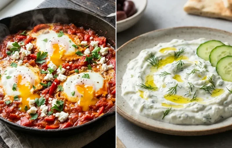 Cooked Quinoa Half Cup with Shakshuka, Mashed Sweet Potato and Tzatziki Sauce