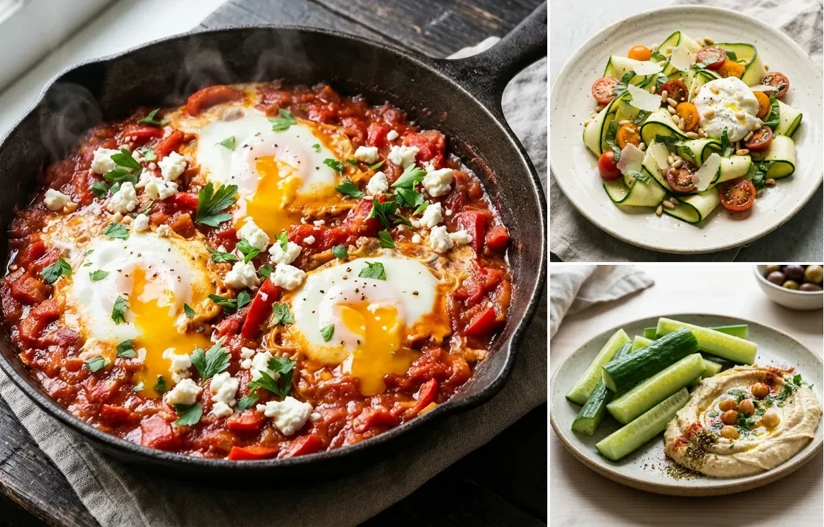 Cooked Quinoa Half Cup with Shakshuka, Zucchini Ribbon Salad and Cucumber Sticks Hummus