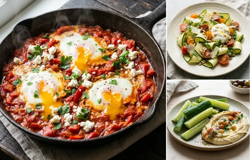 Cooked Quinoa Half Cup with Shakshuka, Zucchini Ribbon Salad and Cucumber Sticks Hummus