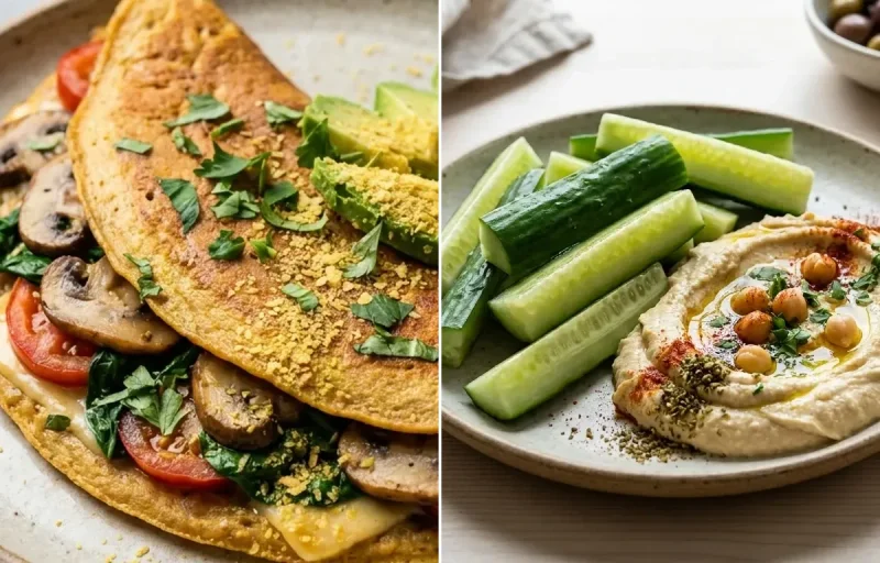 Cooked Quinoa Half Cup with Vegan Chickpea Flour Omelette, Arugula Pear Salad and Cucumber Sticks Hummus