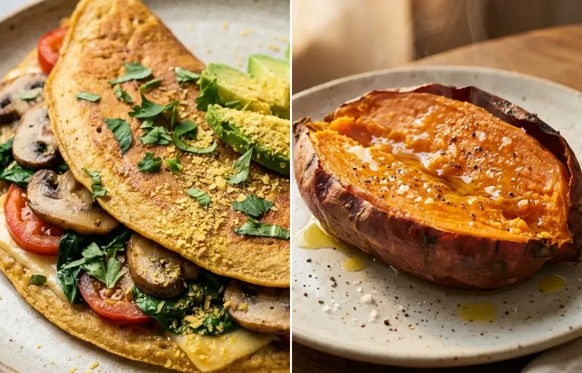Cooked Quinoa Half Cup with Vegan Chickpea Flour Omelette, Baked Sweet Potato and Plain Hummus Portion