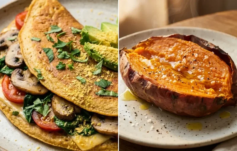 Cooked Quinoa Half Cup with Vegan Chickpea Flour Omelette, Baked Sweet Potato and Plain Hummus Portion