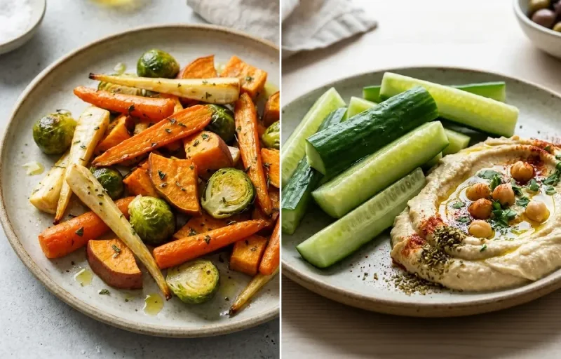 Cooked Quinoa Half Cup with Vegetable Omelet, Roasted Veg and Cucumber Sticks Hummus