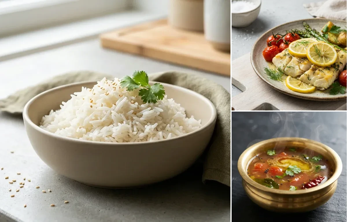 Cooked White Rice Half Cup with Black-Eyed Pea Curry, Baked Cod With Lemon, Rasam, Curd Rice Snack Bowl and Coriander Coconut Chutney