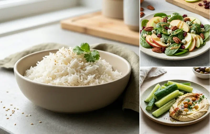 Cooked White Rice Half Cup with Cottage Cheese Egg Bowl, Spinach Apple Salad and Cucumber Sticks Hummus