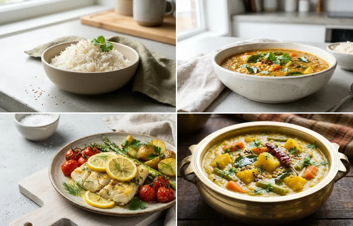 Cooked White Rice Half Cup with Drumstick Sambar, Baked Cod With Lemon, Vegetable Kootu, Curd Rice Snack Bowl and Coconut Chutney