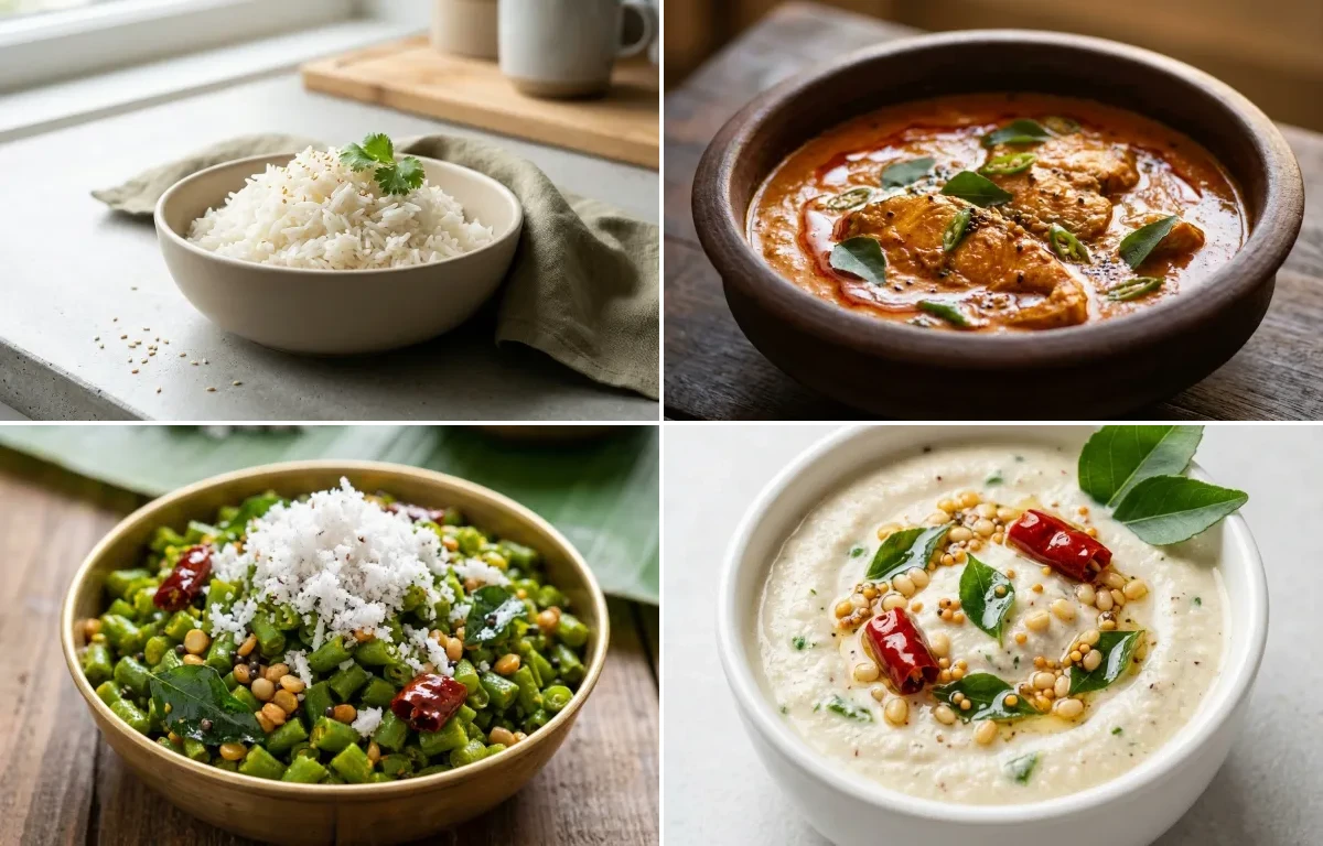 Cooked White Rice Half Cup with Fish Curry, Beans Poriyal, Curd Rice Snack Bowl and Coconut Chutney