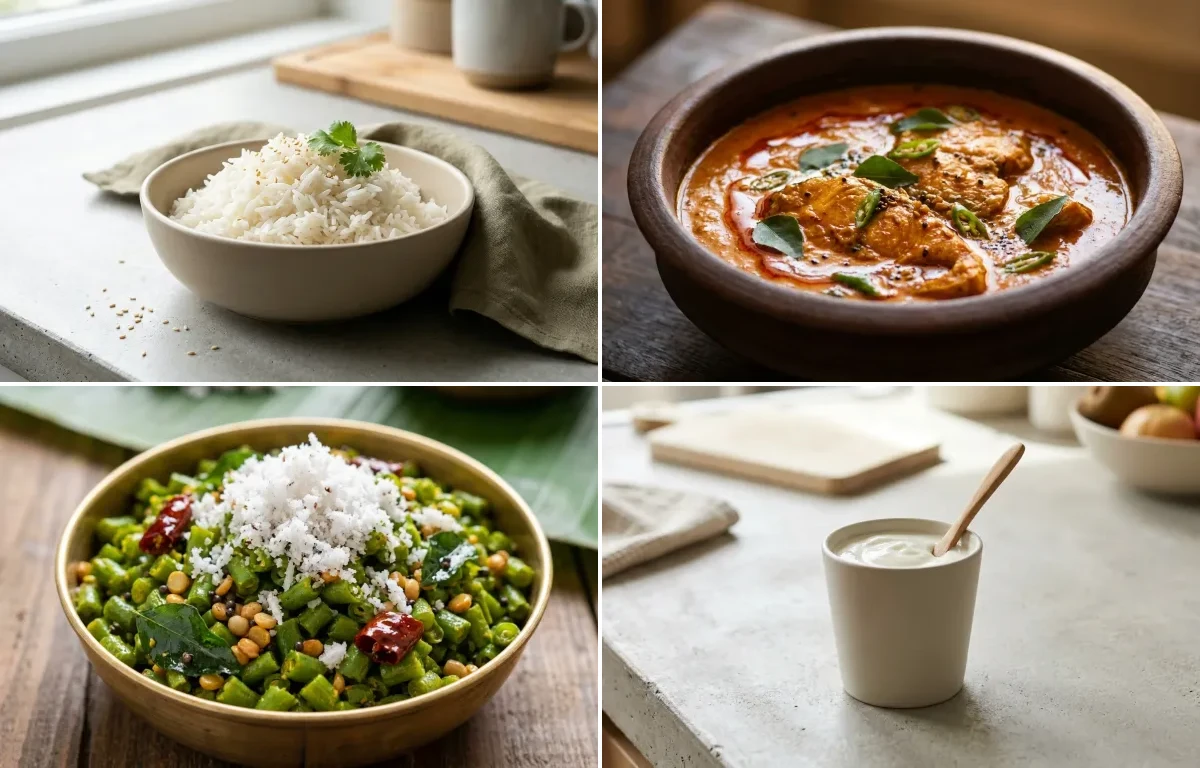 Cooked White Rice Half Cup with Fish Curry, Beans Poriyal, Plain Yogurt Cup and Coconut Chutney