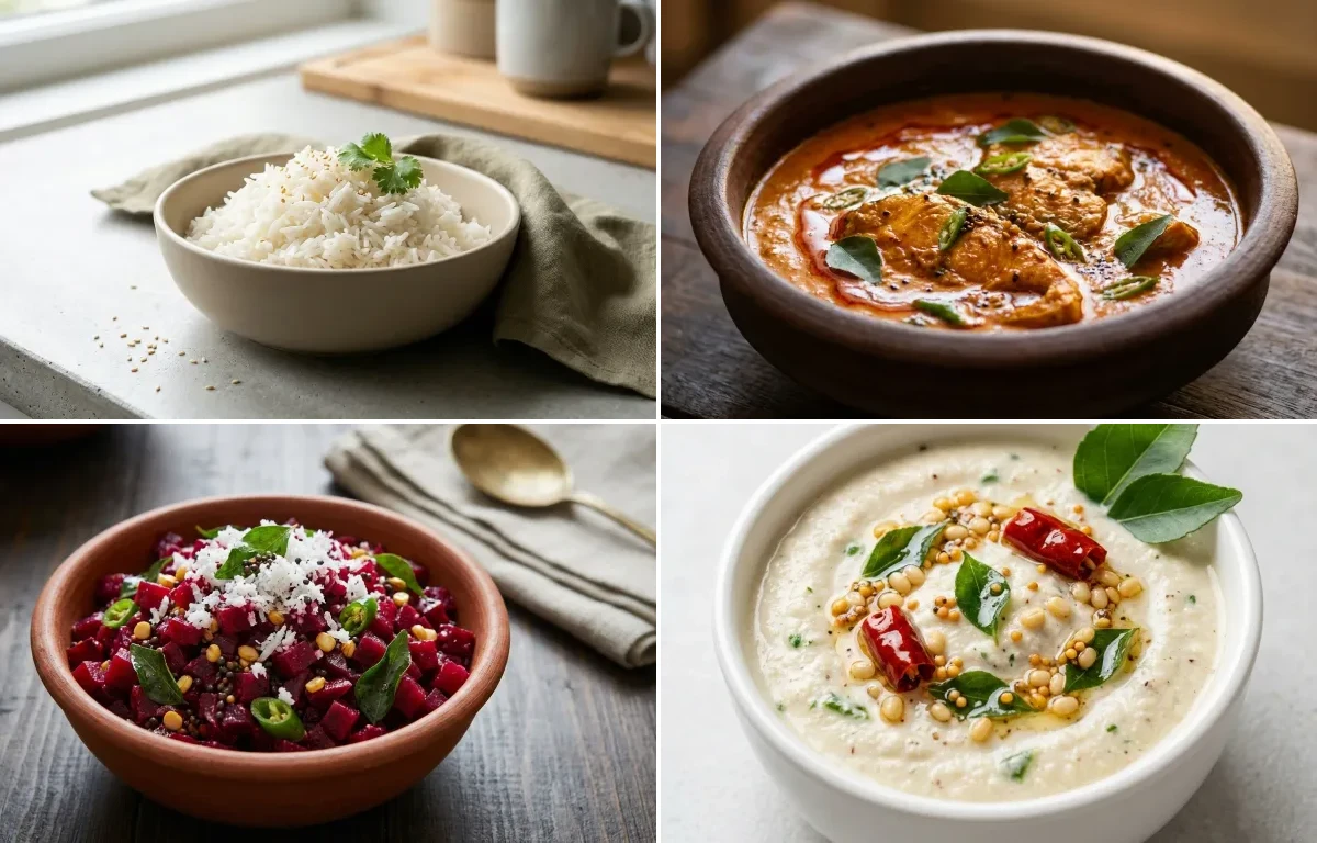 Cooked White Rice Half Cup with Fish Curry, Beetroot Poriyal, Curd Rice Snack Bowl and Coconut Chutney
