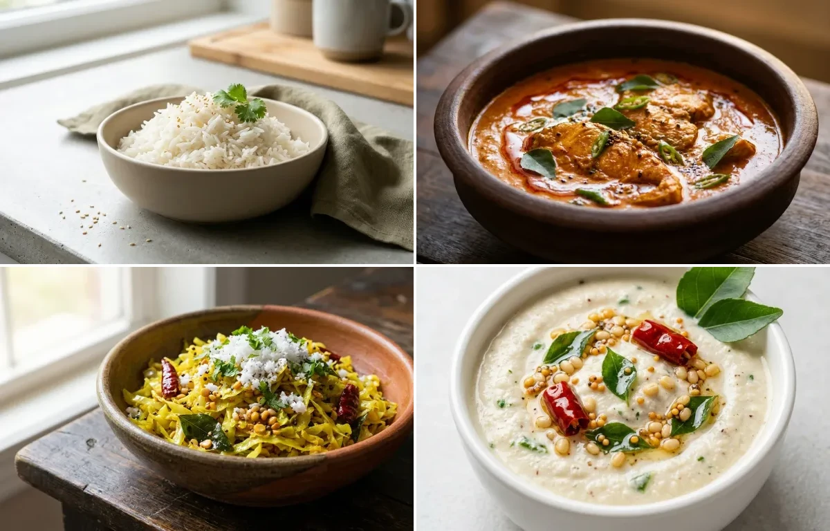 Cooked White Rice Half Cup with Fish Curry, Cabbage Poriyal, Curd Rice Snack Bowl and Coconut Chutney