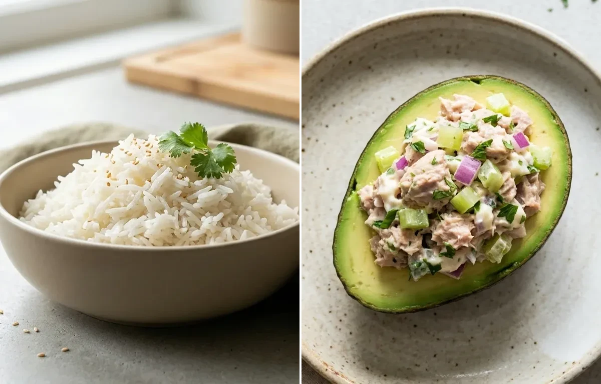 Cooked White Rice Half Cup with Keto Tuna Salad In Avocado Boat, Vegan Low-Ox Apple Cabbage Salad and Tomato Basil Salsa