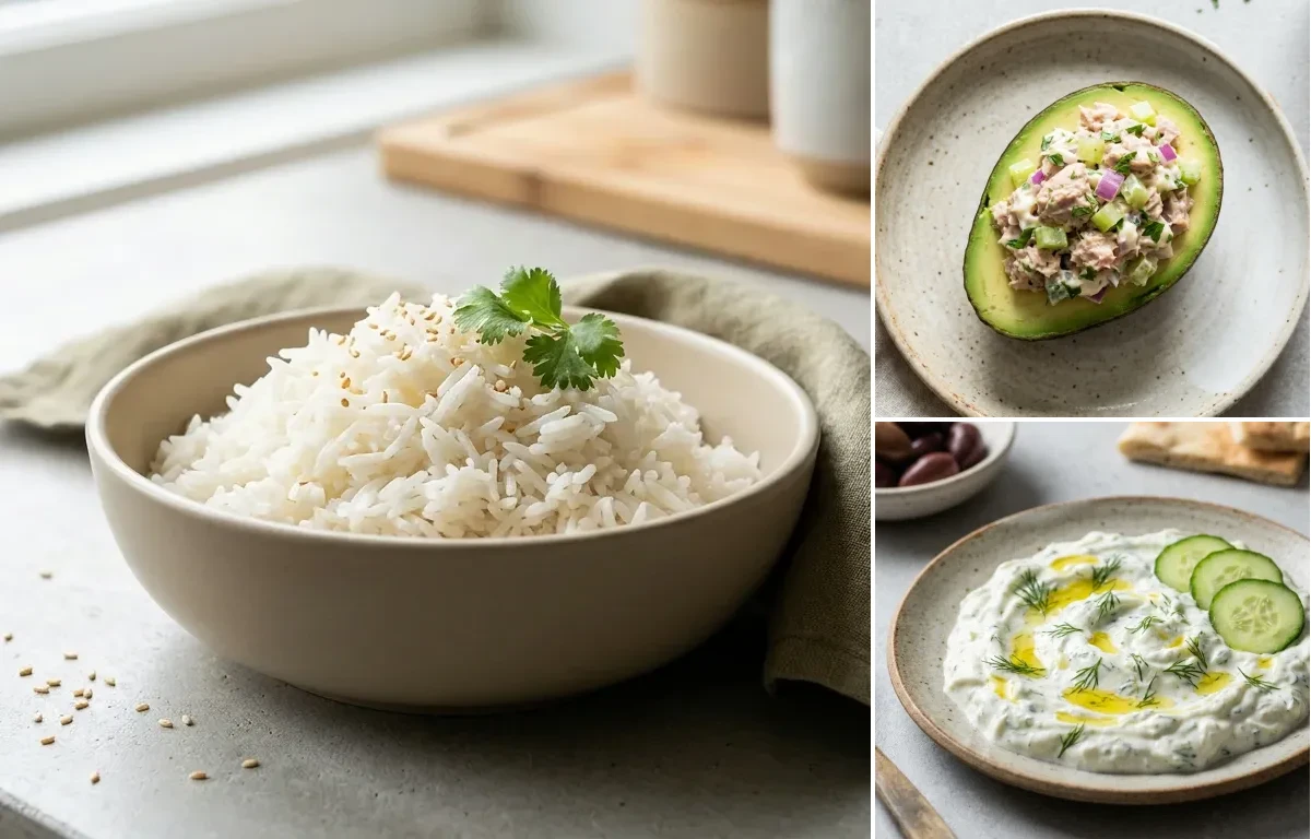 Cooked White Rice Half Cup with Keto Tuna Salad In Avocado Boat, Vegan Low-Ox Apple Cabbage Salad and Tzatziki Sauce