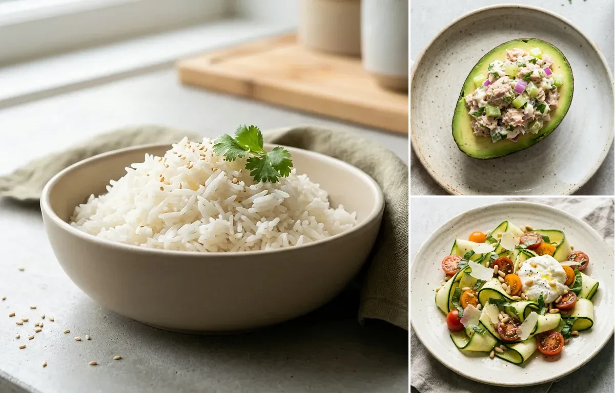 Cooked White Rice Half Cup with Keto Tuna Salad In Avocado Boat, Zucchini Ribbon Salad and Tomato Basil Salsa
