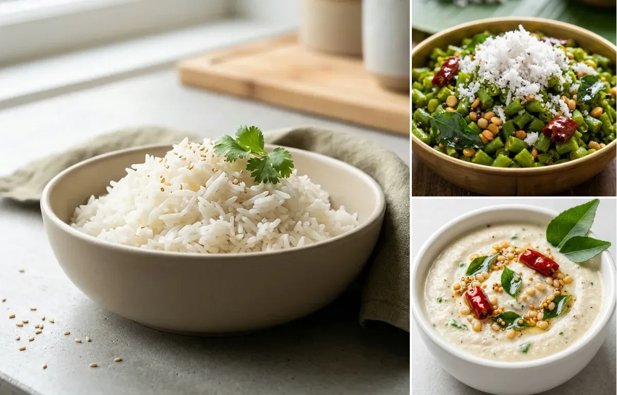 Cooked White Rice Half Cup with Prawn Curry, Beans Poriyal, Curd Rice Snack Bowl and Coconut Chutney