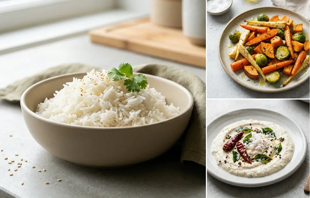 Cooked White Rice Half Cup with Prawn Curry, Roasted Veg, Curd Rice Snack Bowl and Coconut Chutney No-Salt