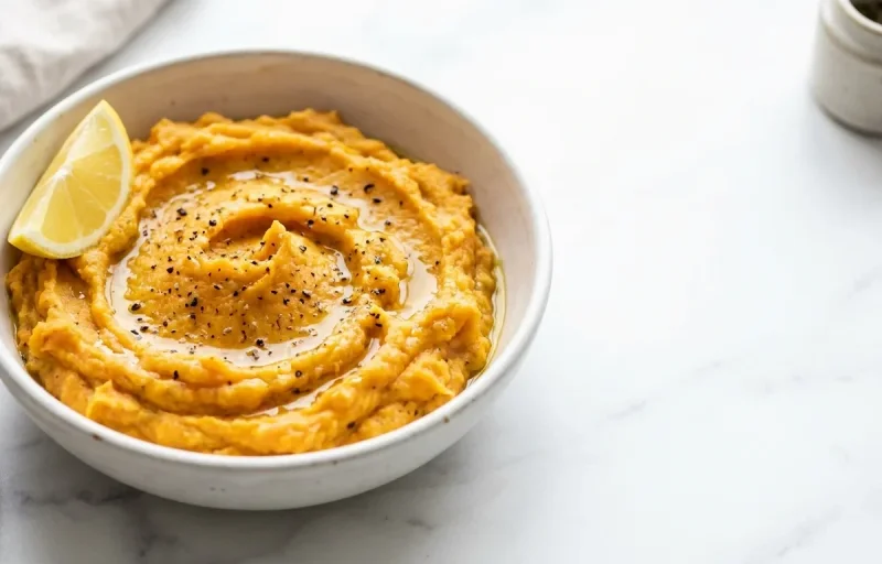 Cooked White Rice Half Cup with Spinach Cheese Omelette, Mashed Sweet Potato and Roasted Red Pepper Hummus