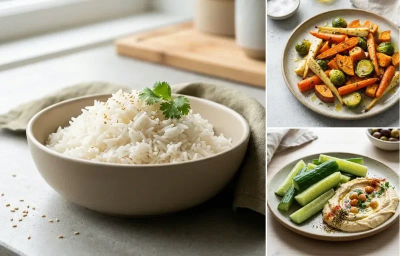 Cooked White Rice Half Cup with Spinach Cheese Omelette, Roasted Veg and Cucumber Sticks Hummus