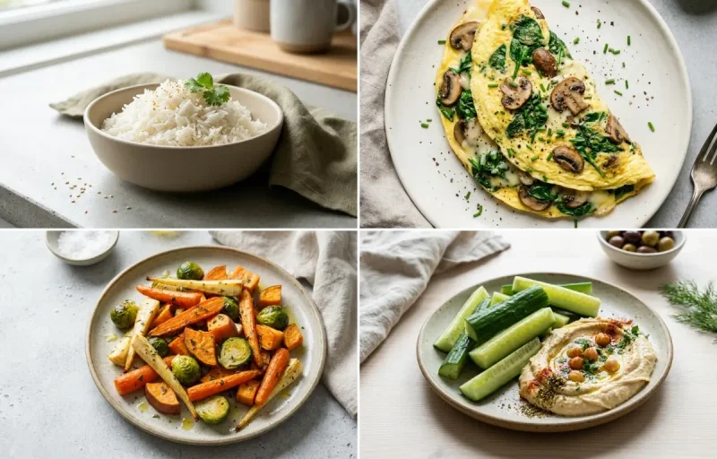 Cooked White Rice Half Cup with Spinach Mushroom Omelet, Roasted Veg and Cucumber Sticks Hummus
