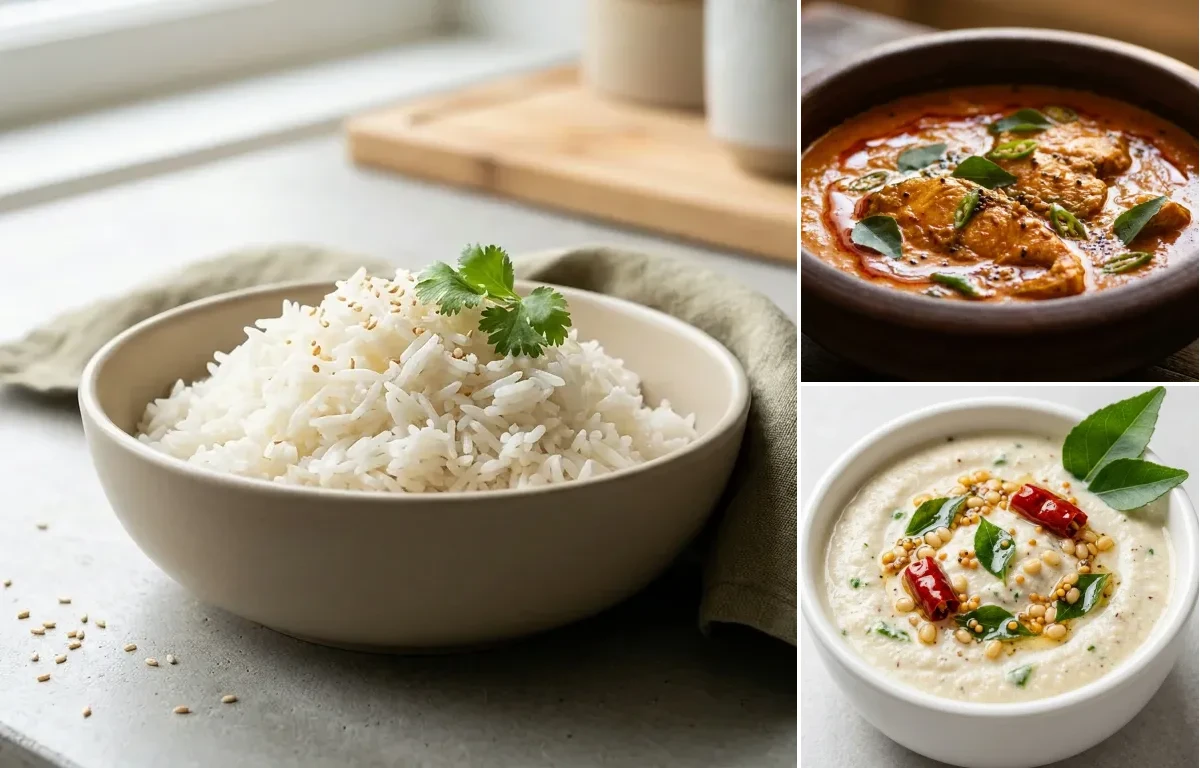 Cooked White Rice Half Cup with Tamil Lemon Rasam, Carrot Beans Poriyal, Fish Curry, Curd Rice Snack Bowl and Coconut Chutney