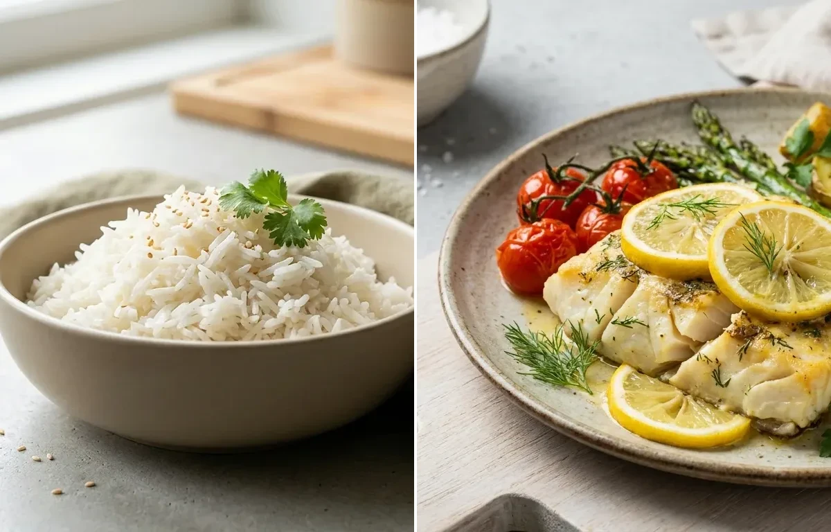 Cooked White Rice Half Cup with Tamil Lemon Rasam, Vegan Coconut Lentil Curry, Baked Cod With Lemon and Curd Rice Snack Bowl