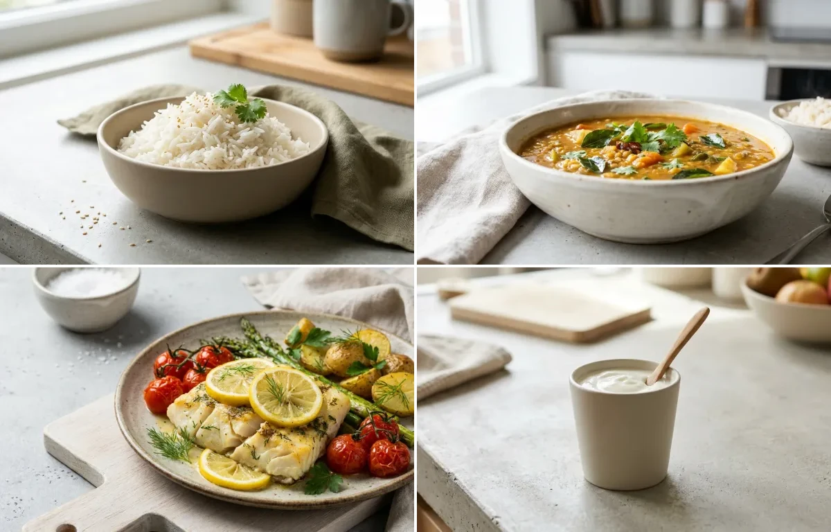Cooked White Rice Half Cup with Tamil Lemon Rasam, Vegetable Sambar, Baked Cod With Lemon and Plain Yogurt Cup