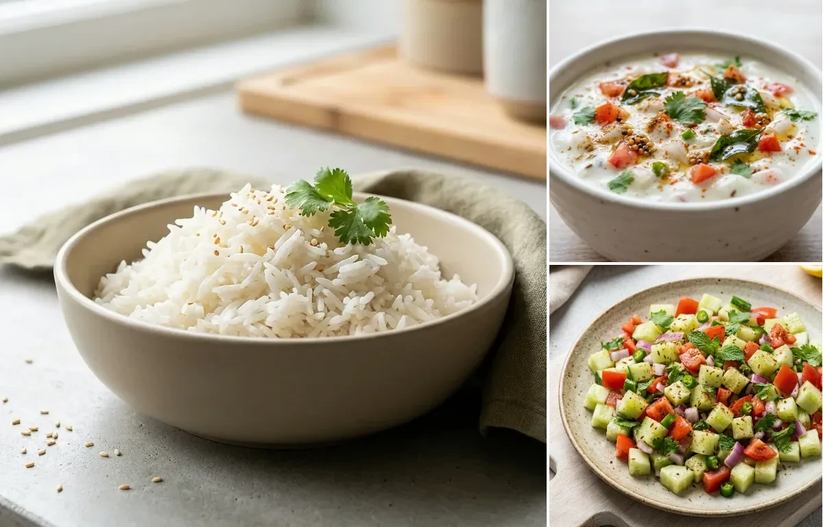 Cooked White Rice Half Cup with Toor Dal Tadka, Egg Bhurji Main, Onion Tomato Raita and No-Salt Lemon Cucumber Kachumber