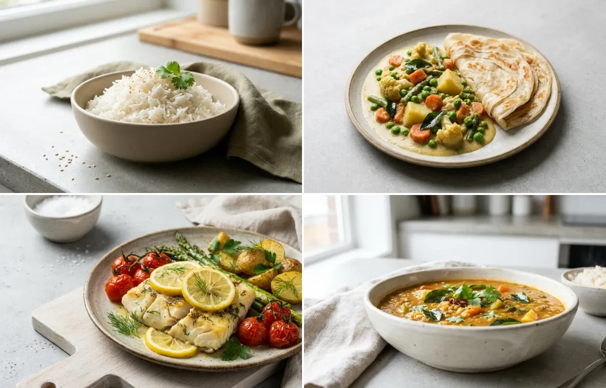 Cooked White Rice Half Cup with Veg Kurma, Baked Cod With Lemon, Drumstick Sambar, Curd Rice Snack Bowl and Cilantro Coconut Chutney