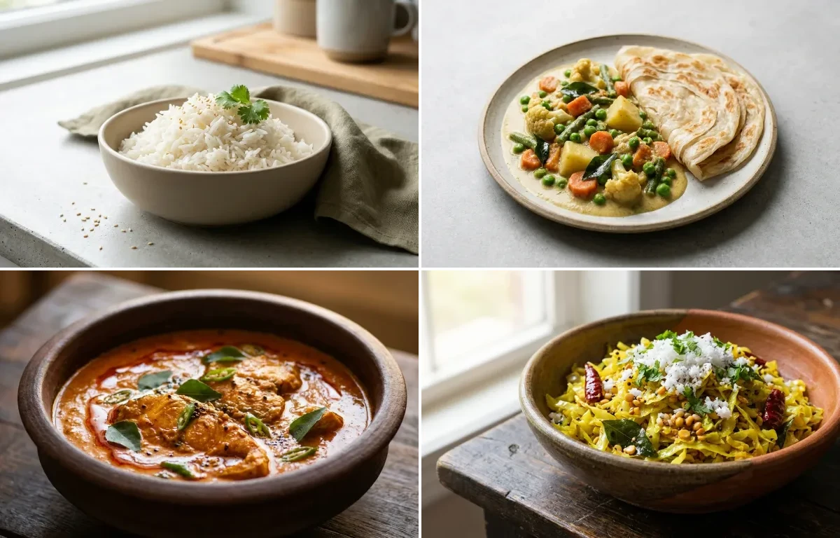 Cooked White Rice Half Cup with Veg Kurma, Fish Curry, Cabbage Poriyal and Curd Rice Snack Bowl