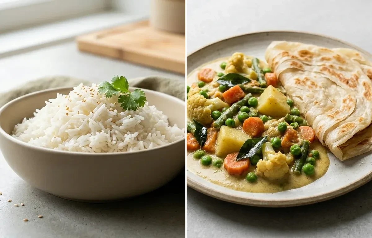 Cooked White Rice Half Cup with Veg Kurma, Prawn Curry, Carrot Beans Poriyal and Curd Rice Snack Bowl