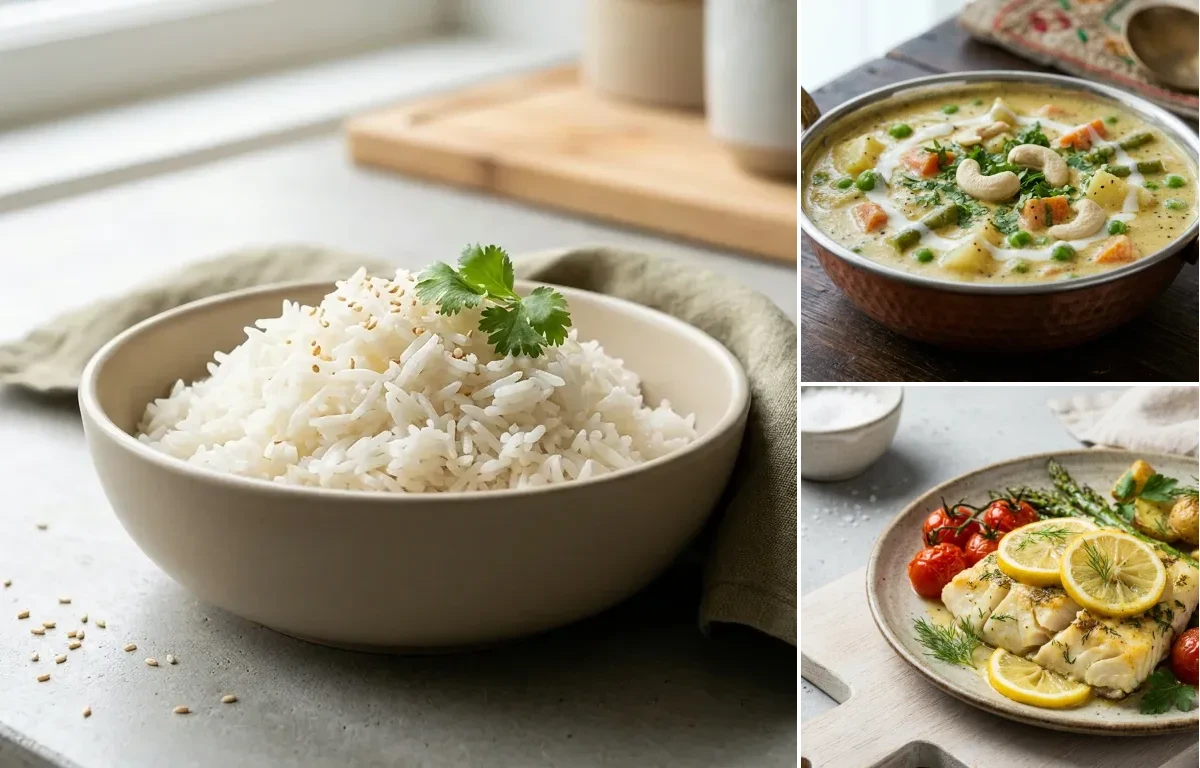 Cooked White Rice Half Cup with Vegetable Korma, Baked Cod With Lemon, Curd Rice Snack Bowl and Coconut Chutney