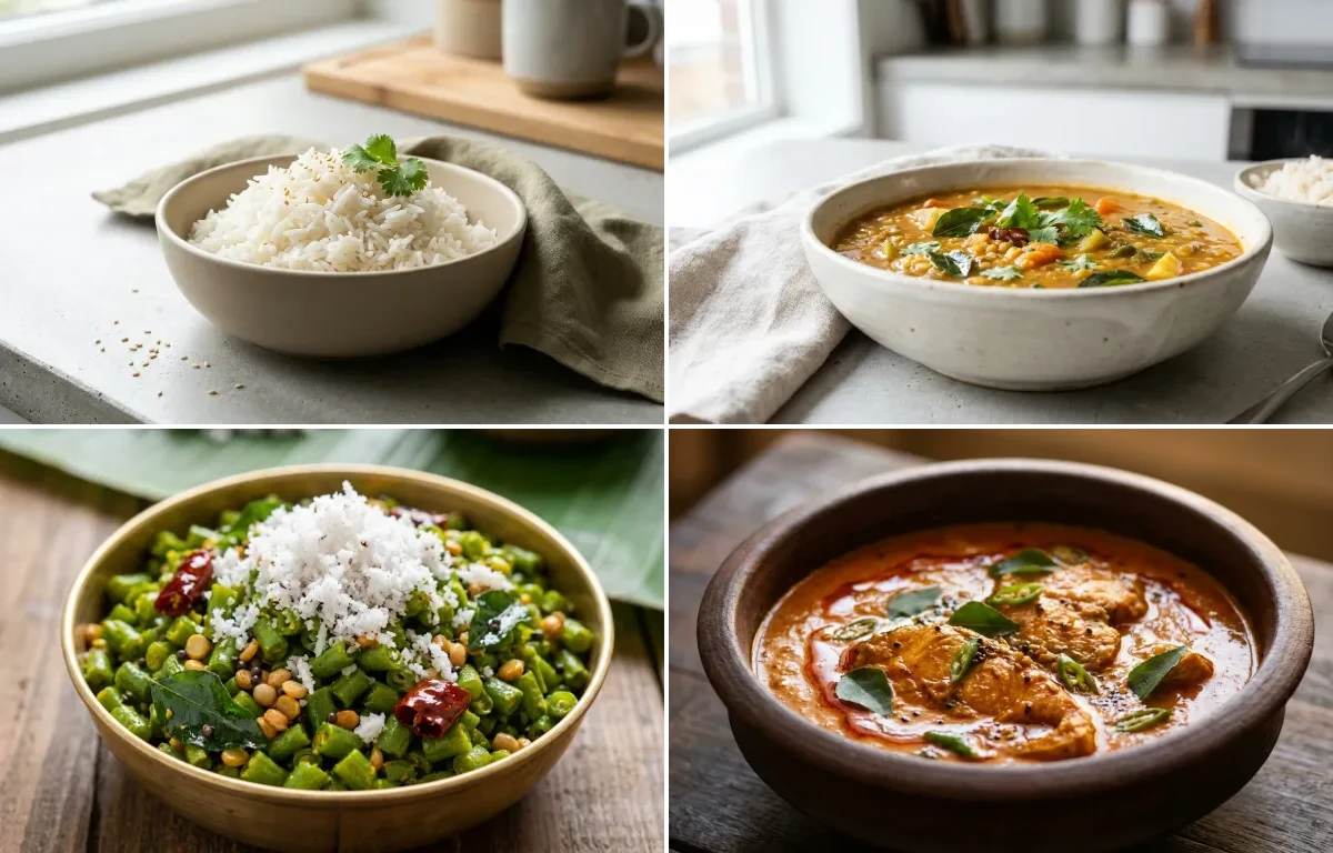 Cooked White Rice Half Cup with Vegetable Sambar, Beans Poriyal, Fish Curry, Curd Rice Snack Bowl and Tomato Garlic Chutney