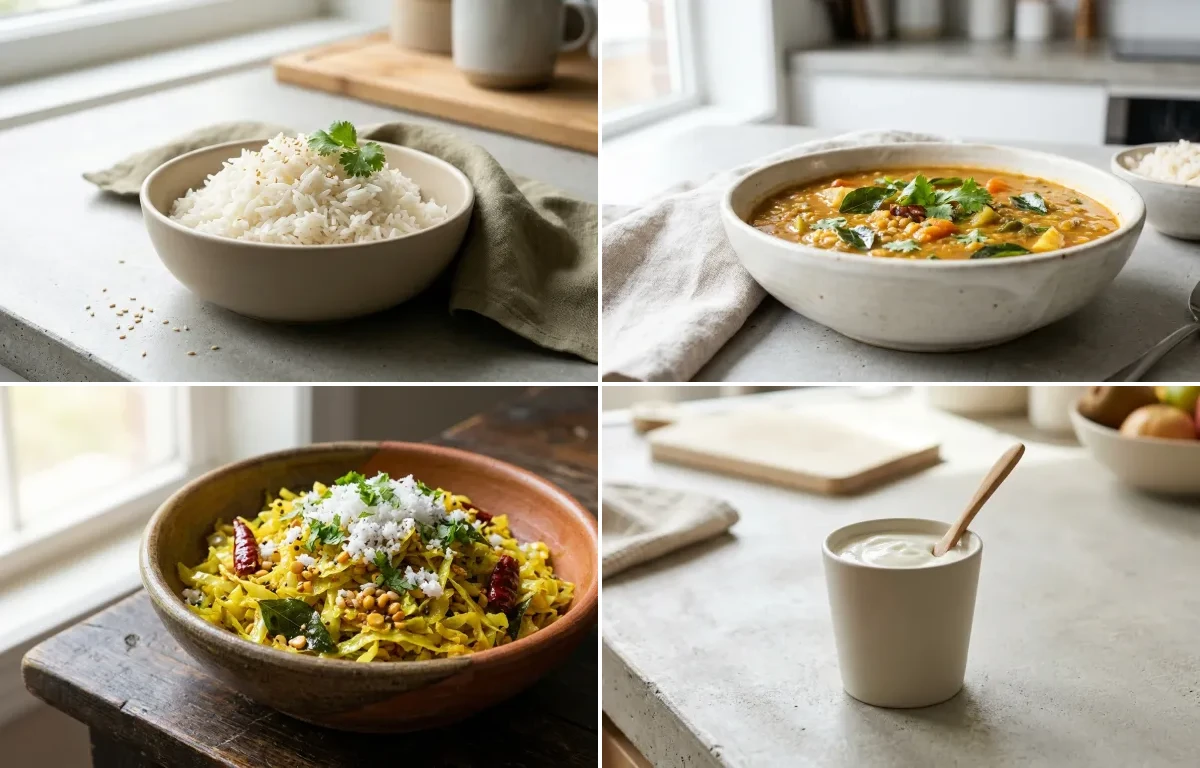 Cooked White Rice Half Cup with Vegetable Sambar, Cabbage Poriyal, Prawn Curry, Plain Yogurt Cup and Coconut Mint Chutney