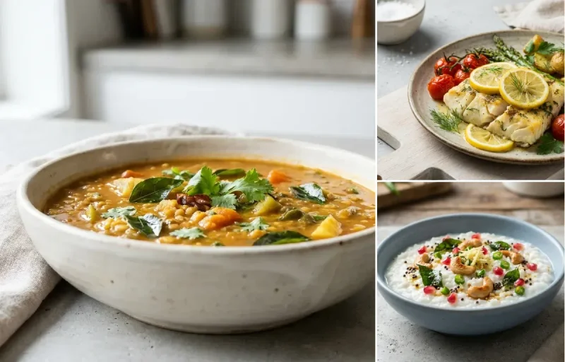 Cooked White Rice Half Cup with Vegetable Sambar, Keerai Kootu, Baked Cod With Lemon and Curd Rice Snack Bowl