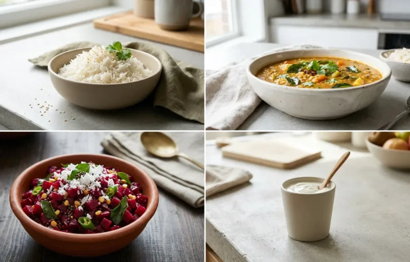 Cooked White Rice Half Cup with Vegetable Sambar, Prawn Curry, Beetroot Poriyal and Plain Yogurt Cup