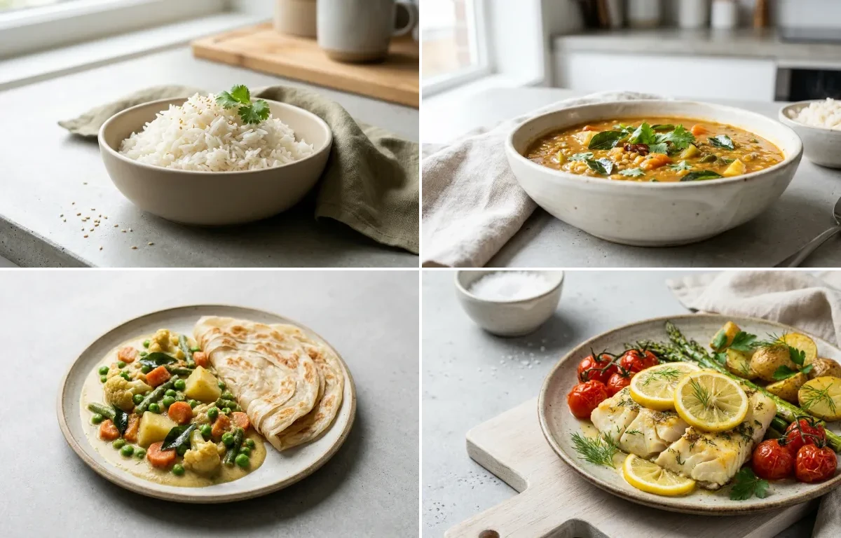Cooked White Rice Half Cup with Vegetable Sambar, Veg Kurma, Baked Cod With Lemon and Curd Rice Snack Bowl