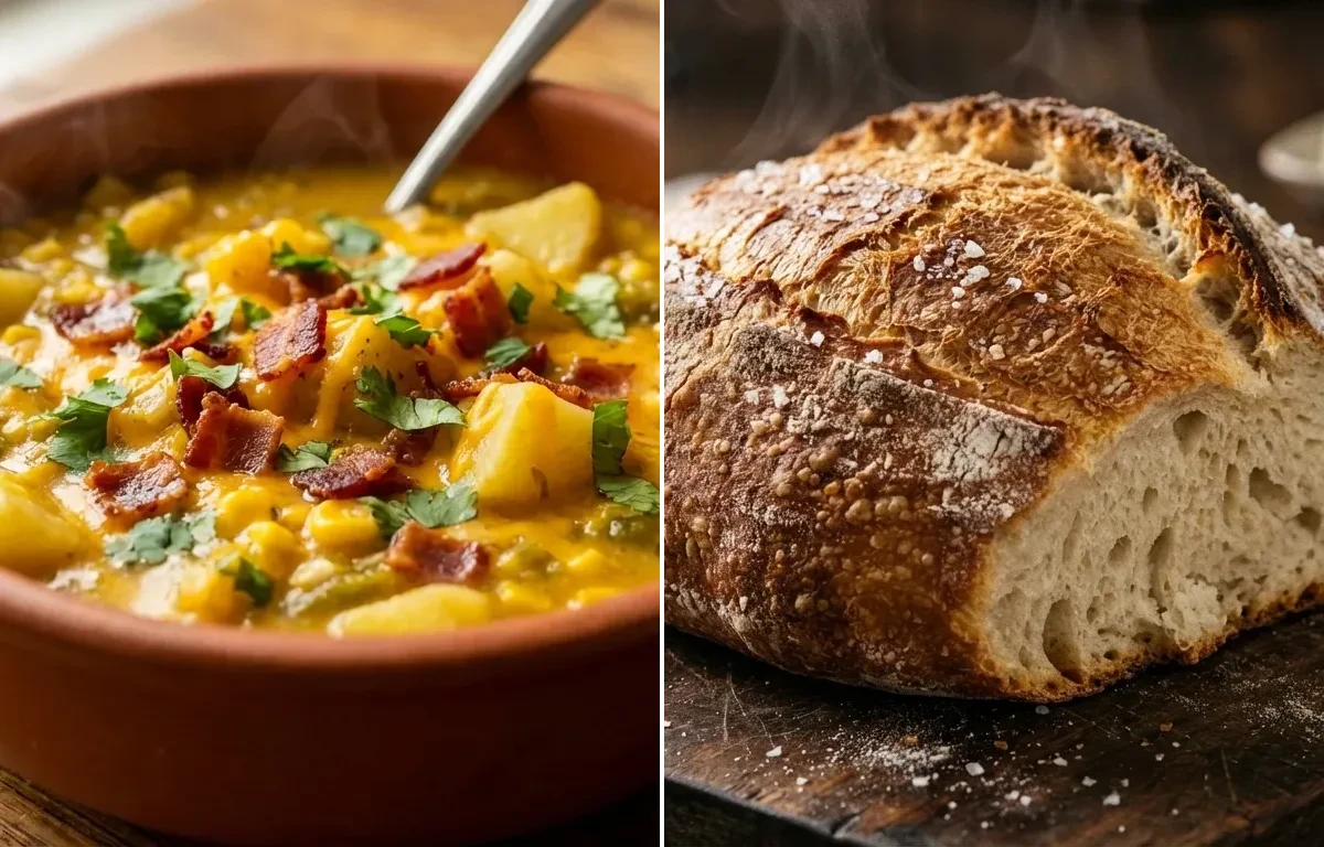 Corn and Green Chile Chowder with No-Knead Crusty Bread
