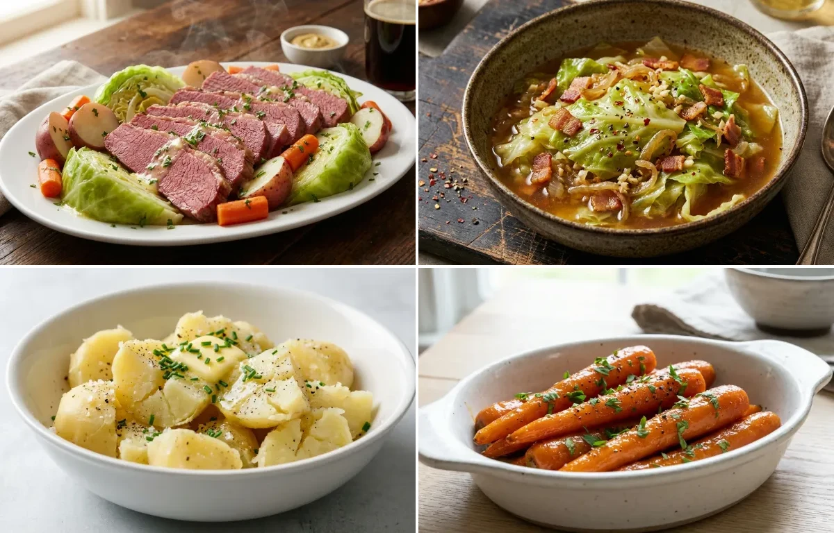 Corned Beef and Cabbage with Boiled Cabbage, Boiled Potatoes and Glazed Carrots