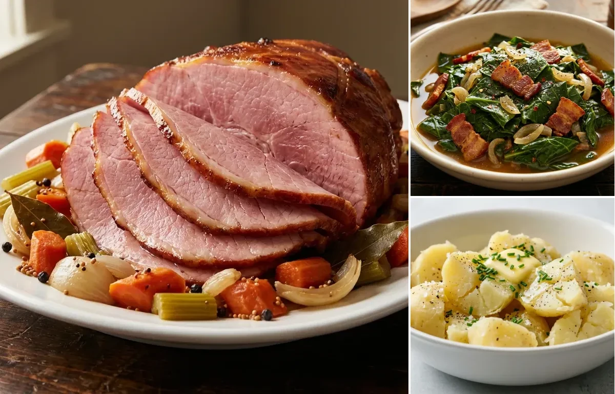 Corned Ham with Collard Greens and Boiled Potatoes