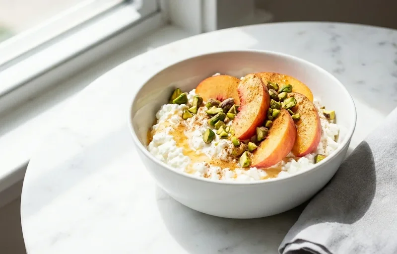 Cottage Cheese Bowl with Peaches and Pistachios
