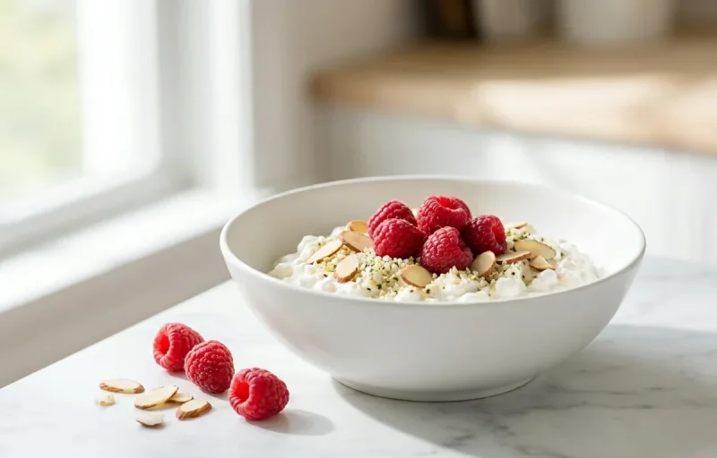 Cottage Cheese Bowl with Peaches Pumpkin Seeds and Hemp Hearts