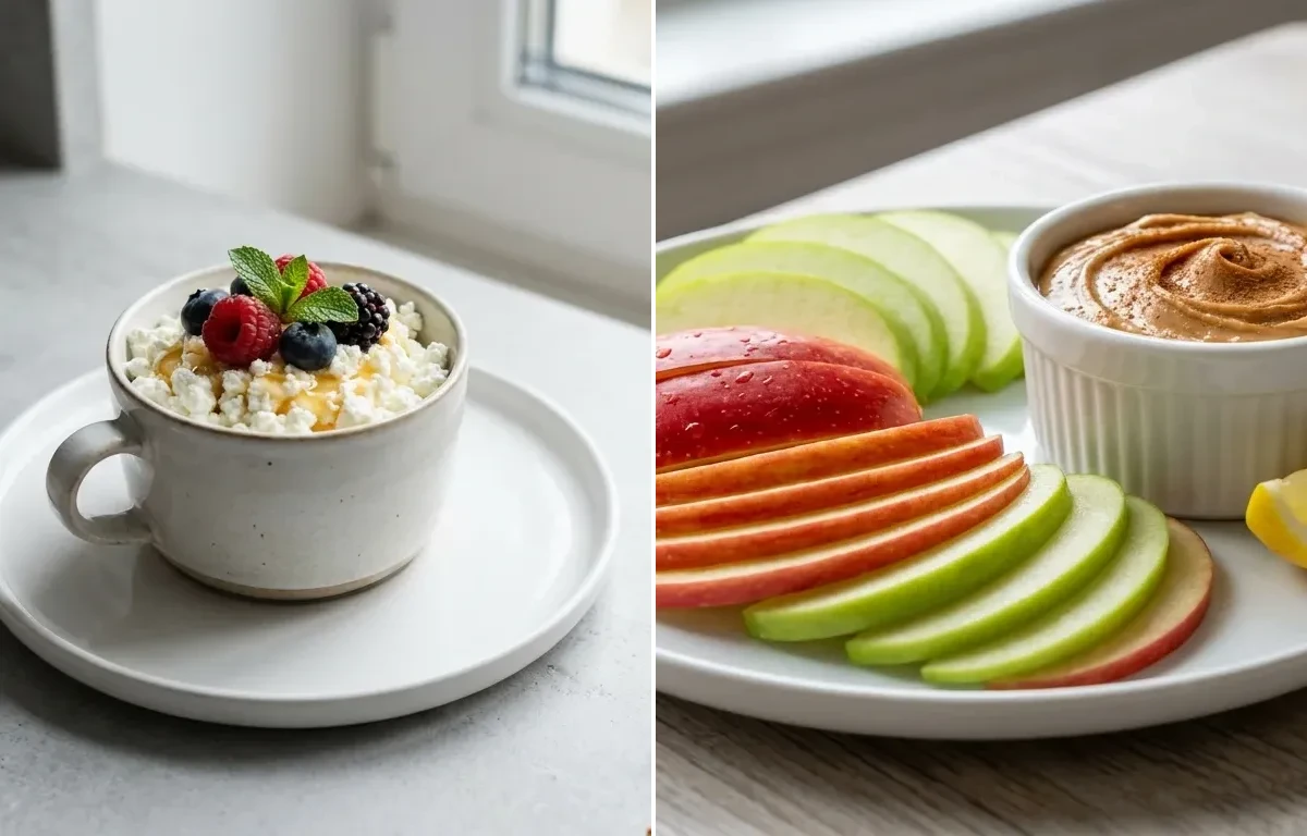 Cottage Cheese Cup with Apple Slices With Peanut Butter and Vegan Roasted Spiced Edamame Snack