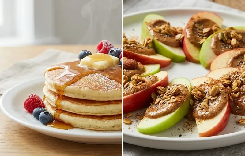 Cottage Cheese Pancakes with Apple Slices With Almond Butter and Edamame Bowl Salted