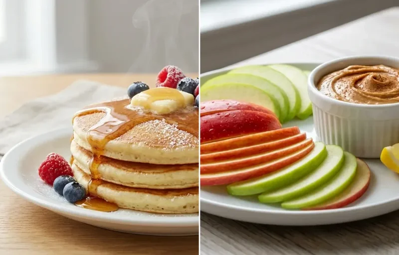 Cottage Cheese Pancakes with Apple Slices With Peanut Butter and Vegan Roasted Edamame