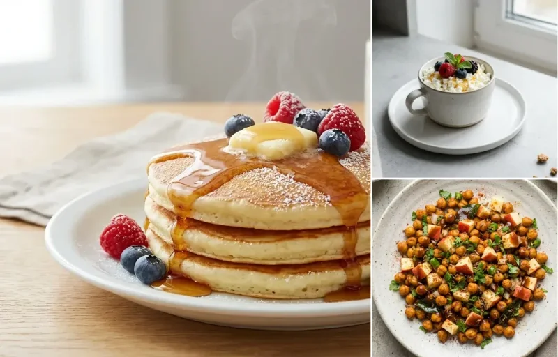 Cottage Cheese Pancakes with Avocado Half, Cottage Cheese Cup and Roasted Chana With Apple