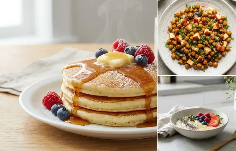 Cottage Cheese Pancakes with Roasted Chana With Apple and Yogurt With Seeds & Berries