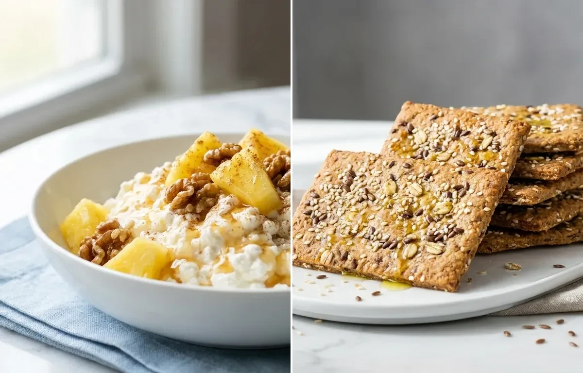Cottage Cheese with Pineapple Walnuts and Hemp with Whole Grain Crackers